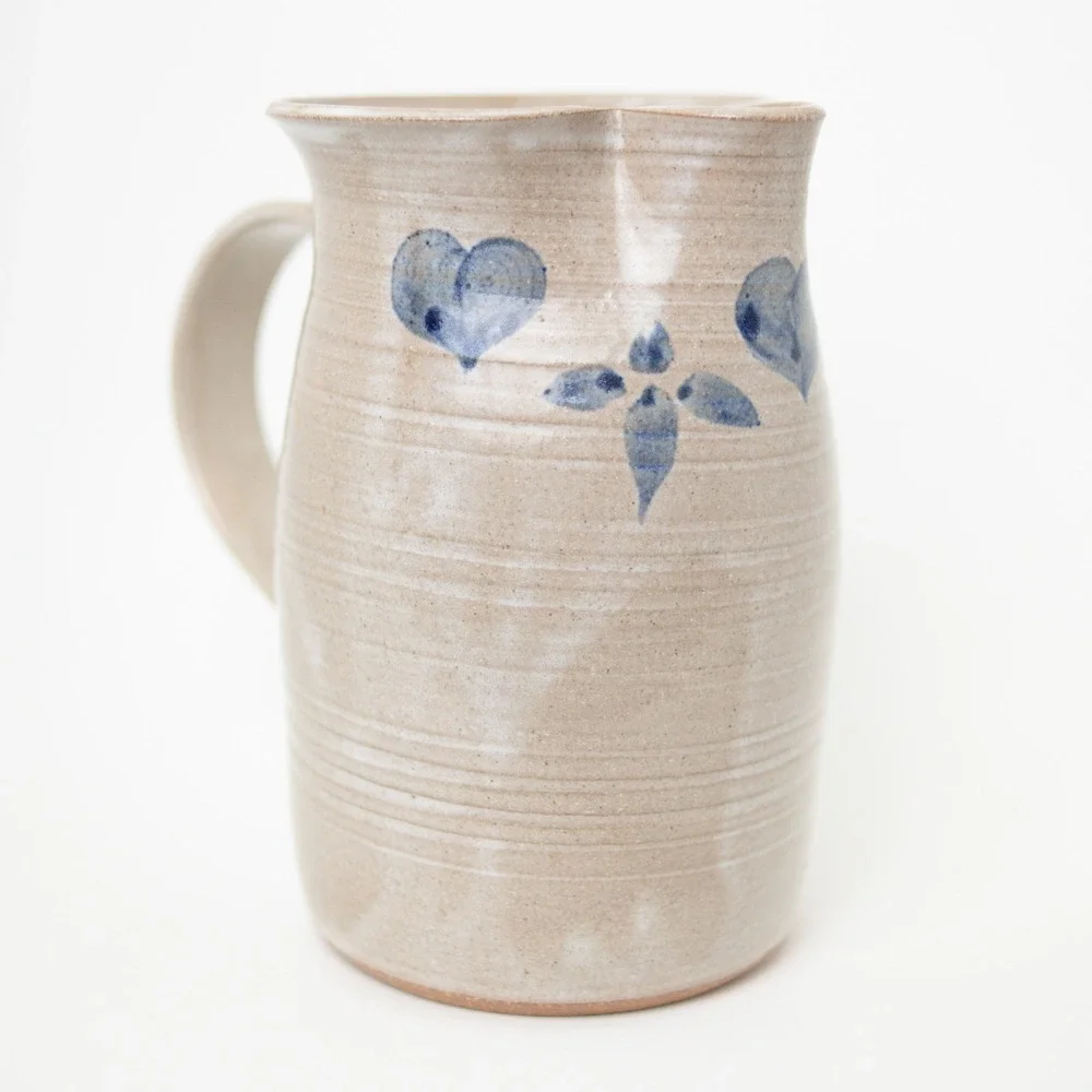 Vintage 1984 Buell Art Pottery Salt Glaze Pitcher Cobalt Hearts Flowers Signed